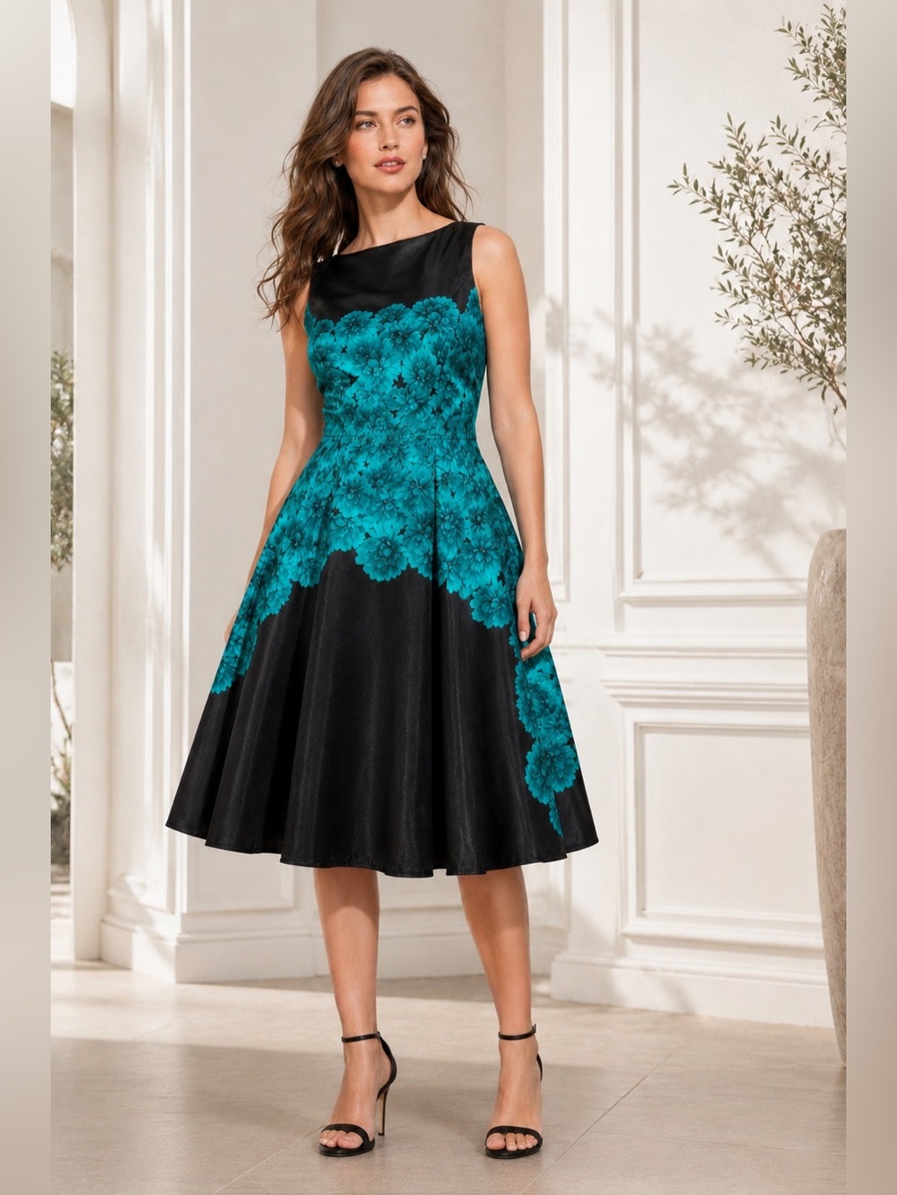 db established 1962 Ladies Beautiful Black Green Fit & Flare Midi Dress